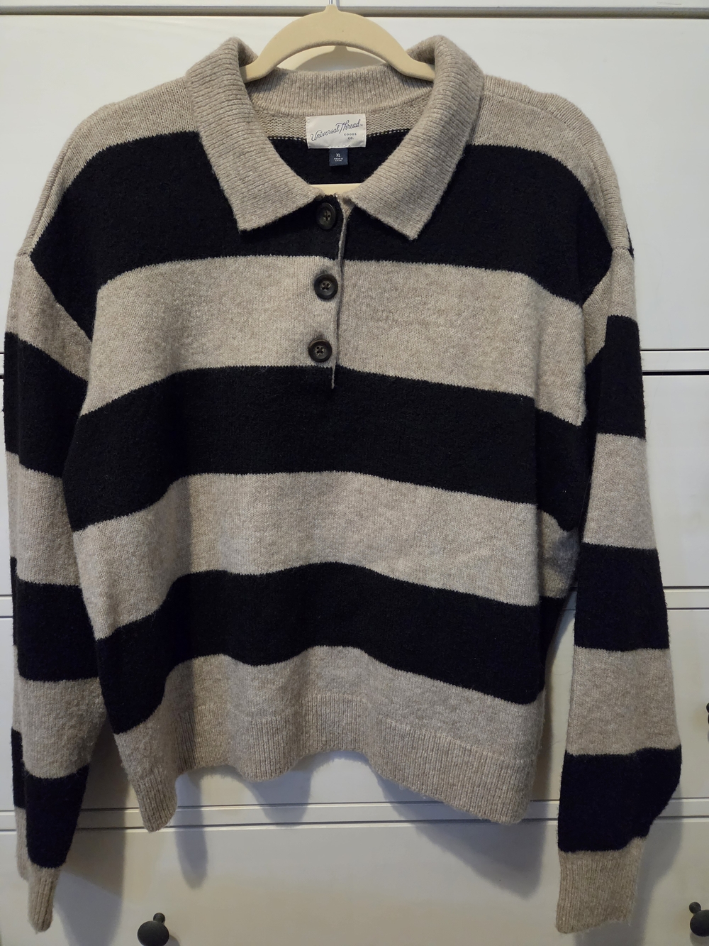 Universal Thread Striped Polo Sweater in Beige and Black